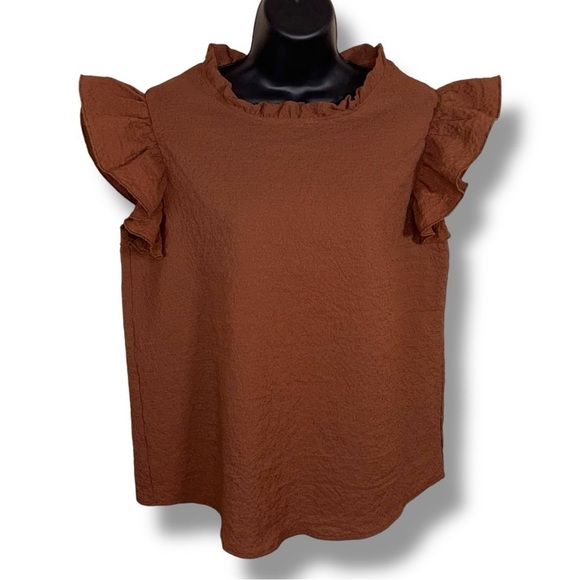 Size 8/10 Brown Textured Ruffle Blouse Neutral Stretch Lightweight Mock Neck - Picture 1 of 12